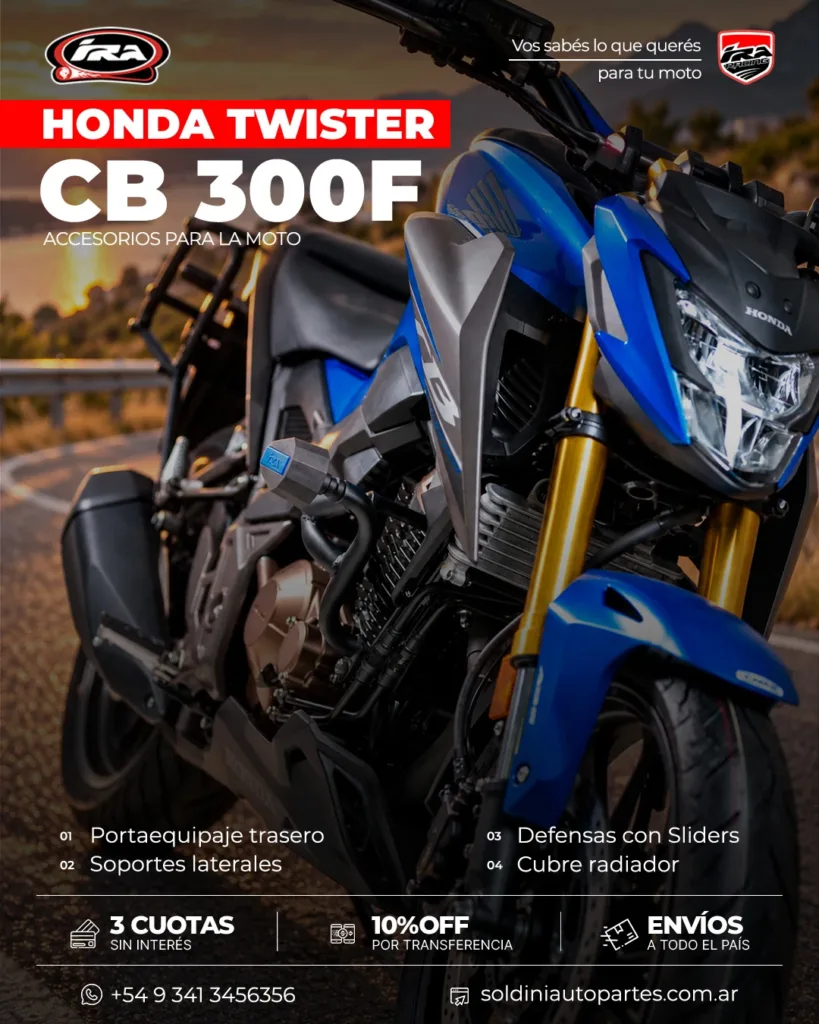 Honda Twister CB 300F con accesorios IRA Racing: vista delantera en perspectiva