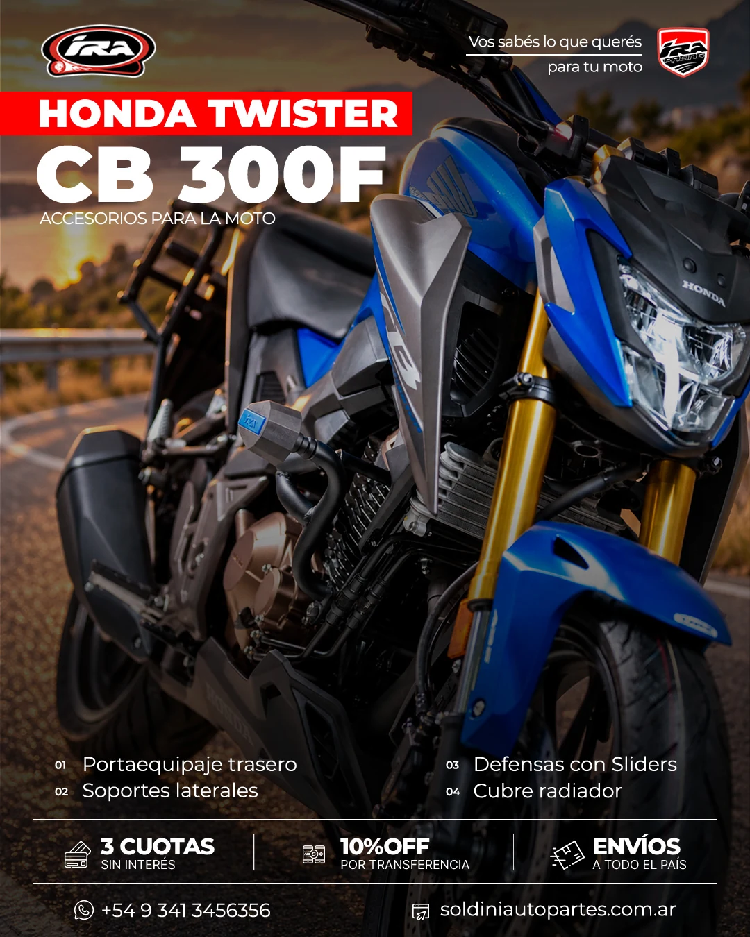 Honda Twister CB 300F con accesorios IRA Racing: vista delantera en perspectiva