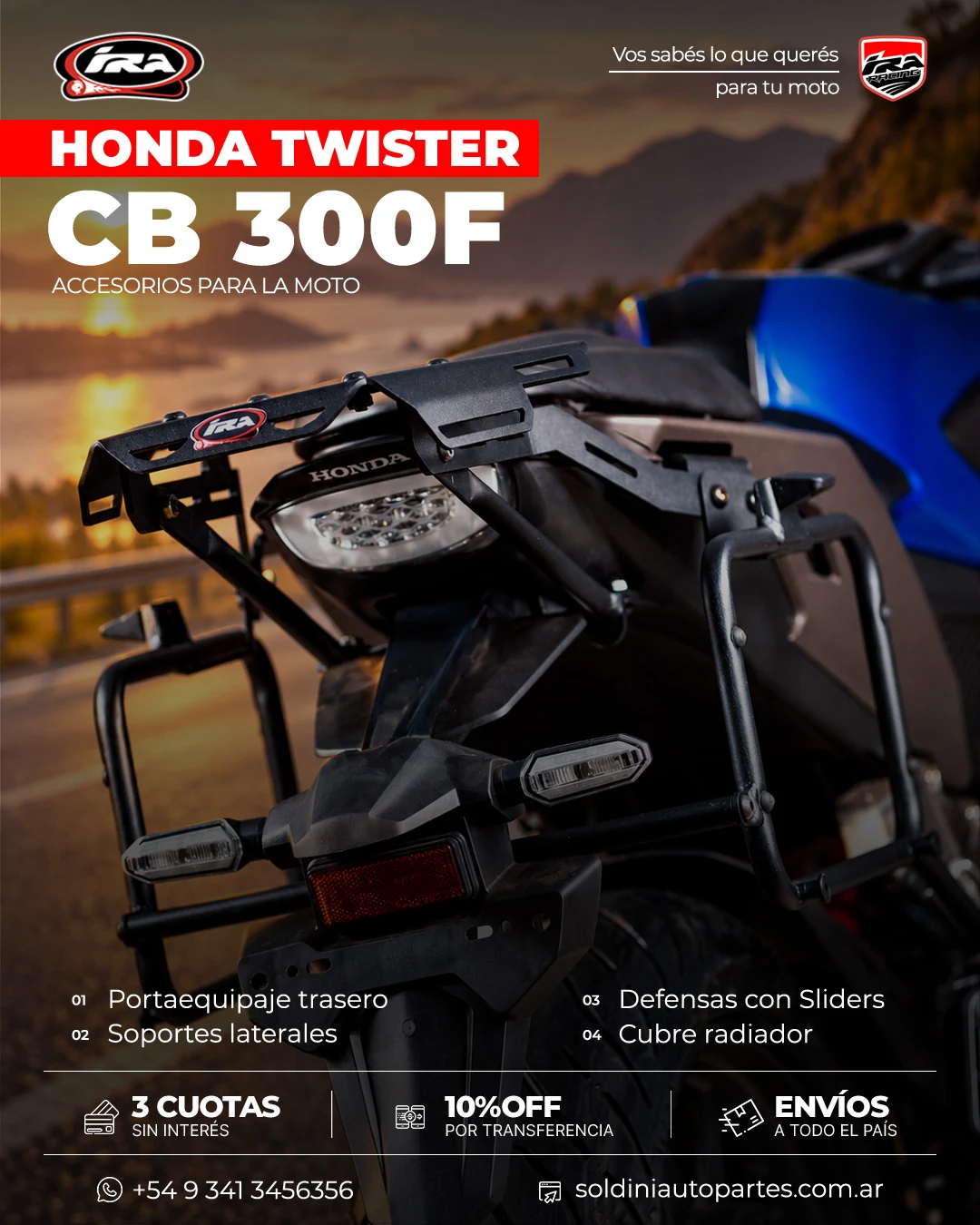 Portaequipaje trasero y soportes laterales IRA Racing montados en la Twister CB 300F