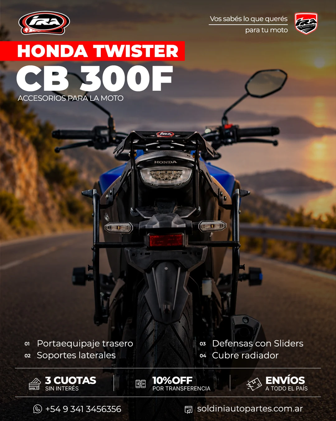Vista trasera de la Twister CB 300F con soportes de equipaje
