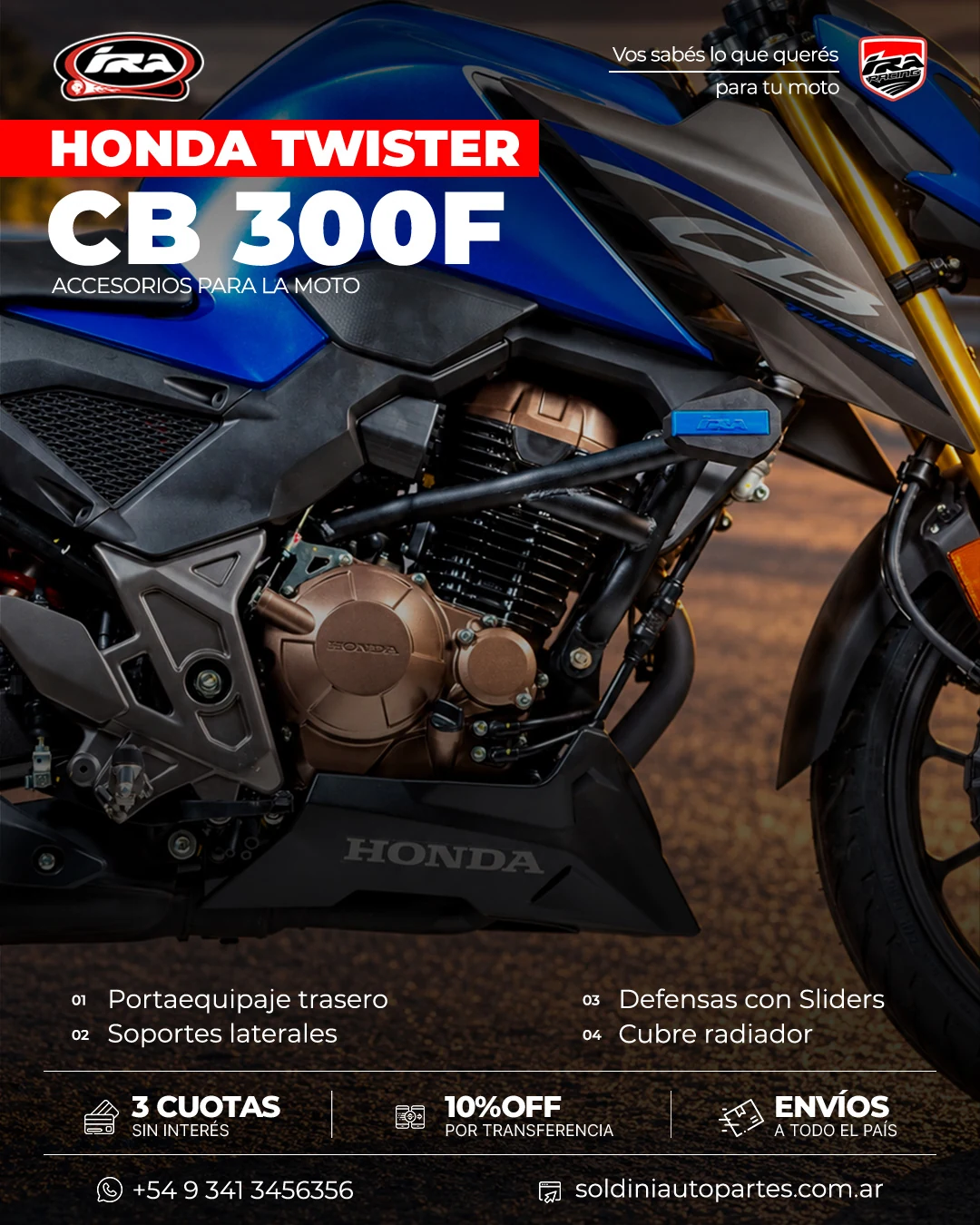 Defensa lateral con slider IRA Racing junto al motor de la Twister