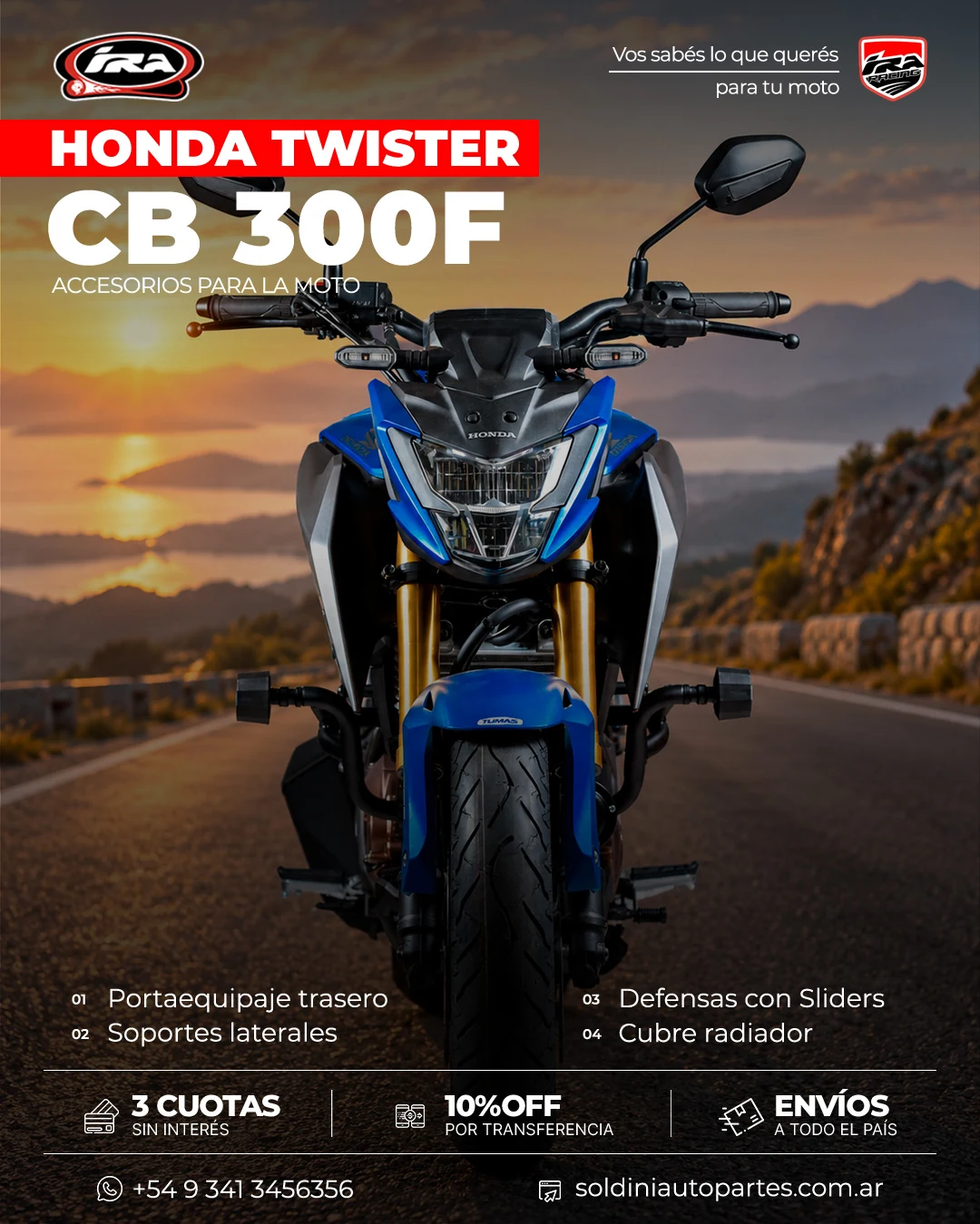 Vista frontal de la Honda Twister CB 300F con defensas