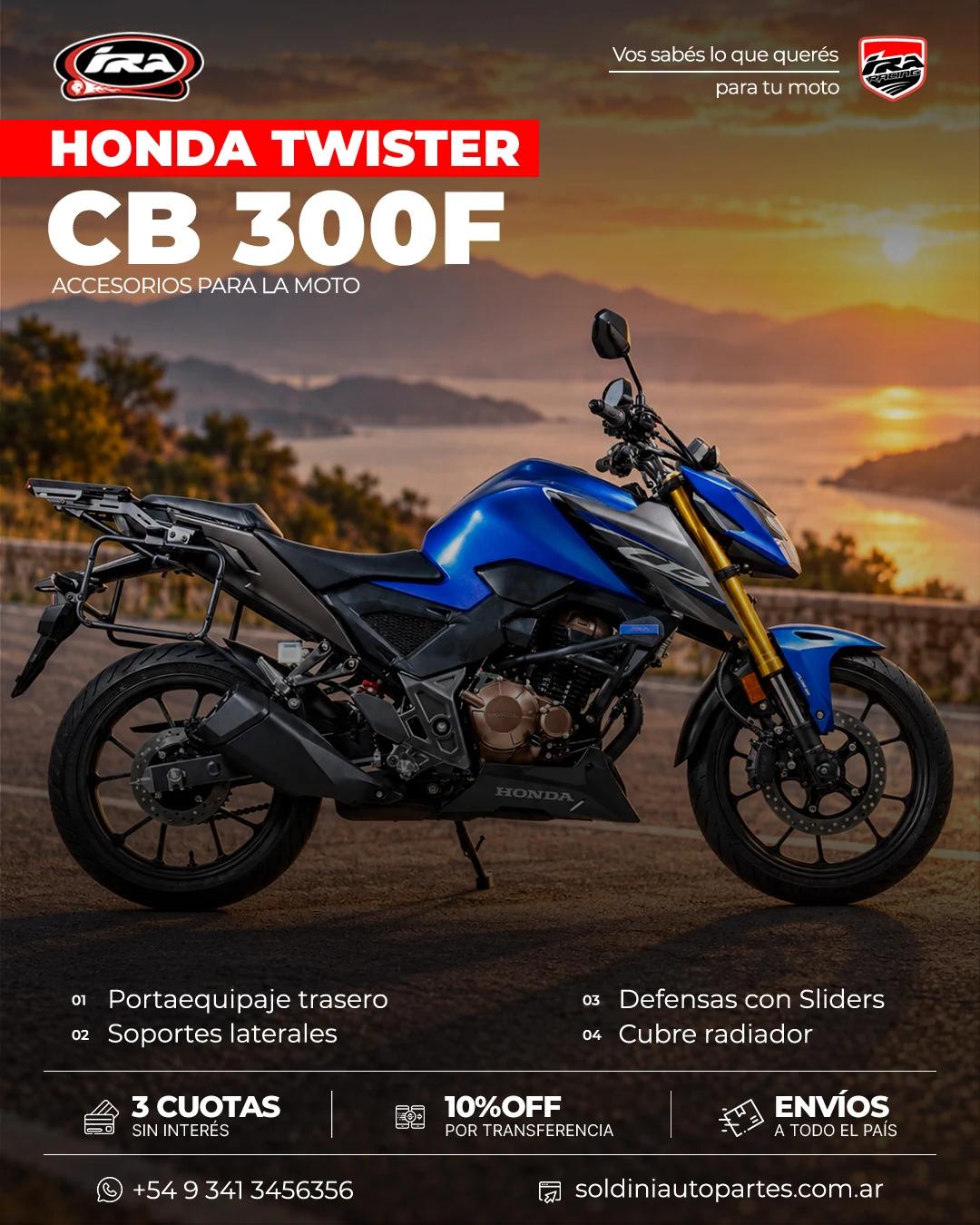 Honda Twister CB 300F equipada con IRA Racing: vista lateral completa
