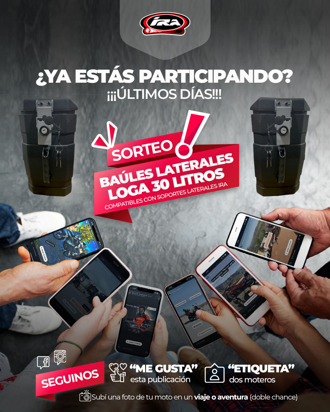 ✨🎉¿YA ESTÁS PARTICIPANDO? ÚLTIMOS DÍAS🌟🎉 🌟SORTEO ESPECIAL DE SOLDINI AUTOPARTES🎉 🎉Ganá un par de baúles laterales LOGA 30 litros (derecho e izquierdo). Compatibles con soportes laterales IRA Racing🎉