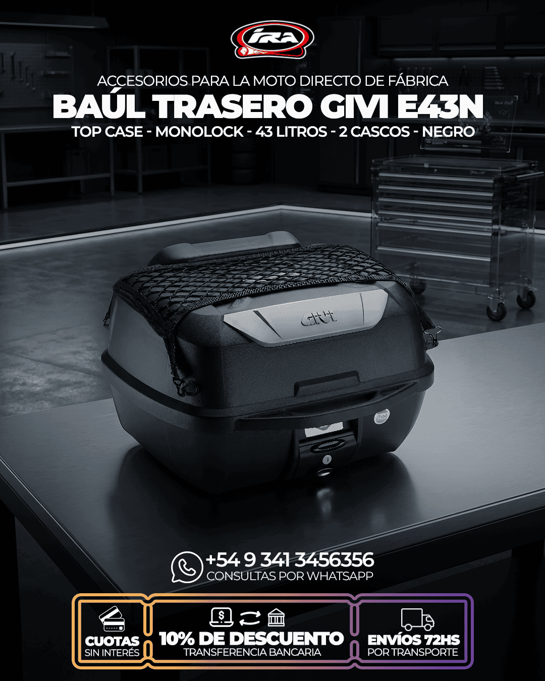 Baúles GIVI para moto en IRA Racing: Top Case y laterales Monolock y Monokey, capacidad para 1 y 2 cascos, envíos a todo el país y cuotas sin interés.