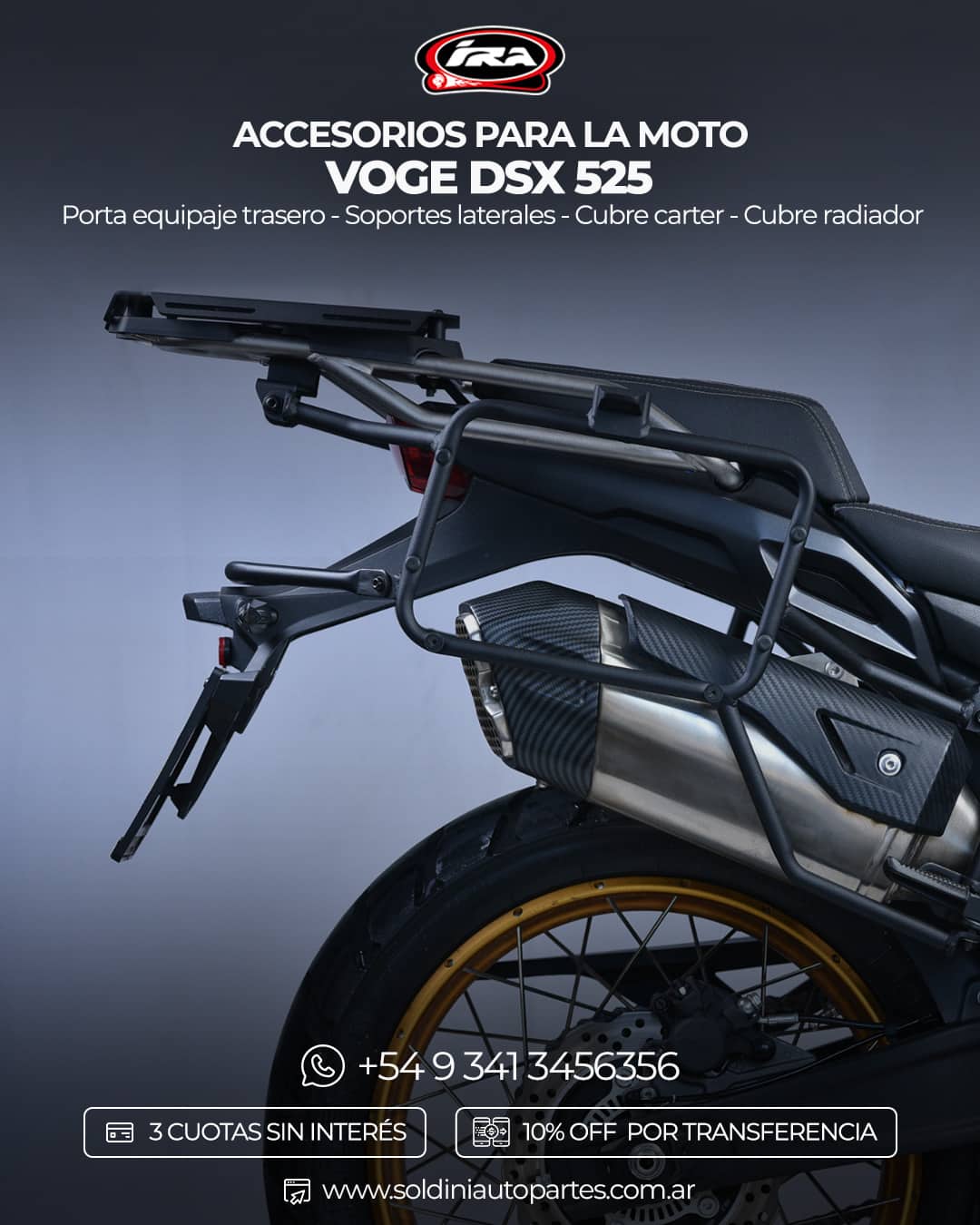 Accesorios para la moto Voge DSX 525 IRA Racing con porta equipaje, soportes laterales, cubre cárter y cubre radiador