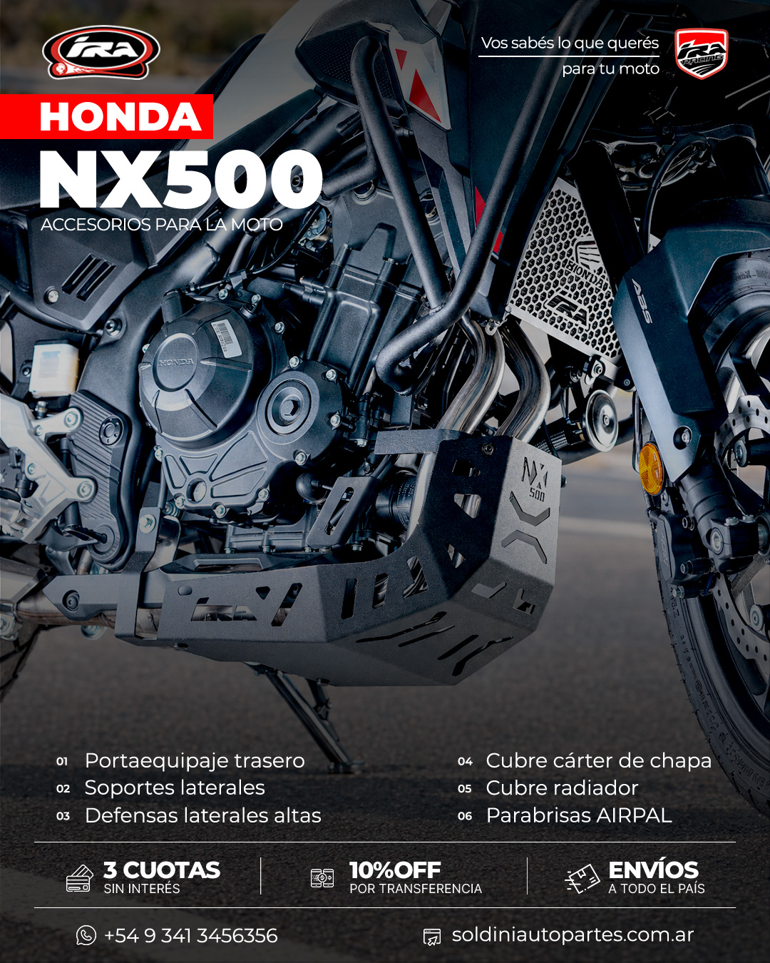 Cubre cárter de chapa y cubre radiador instalados en una Honda NX500