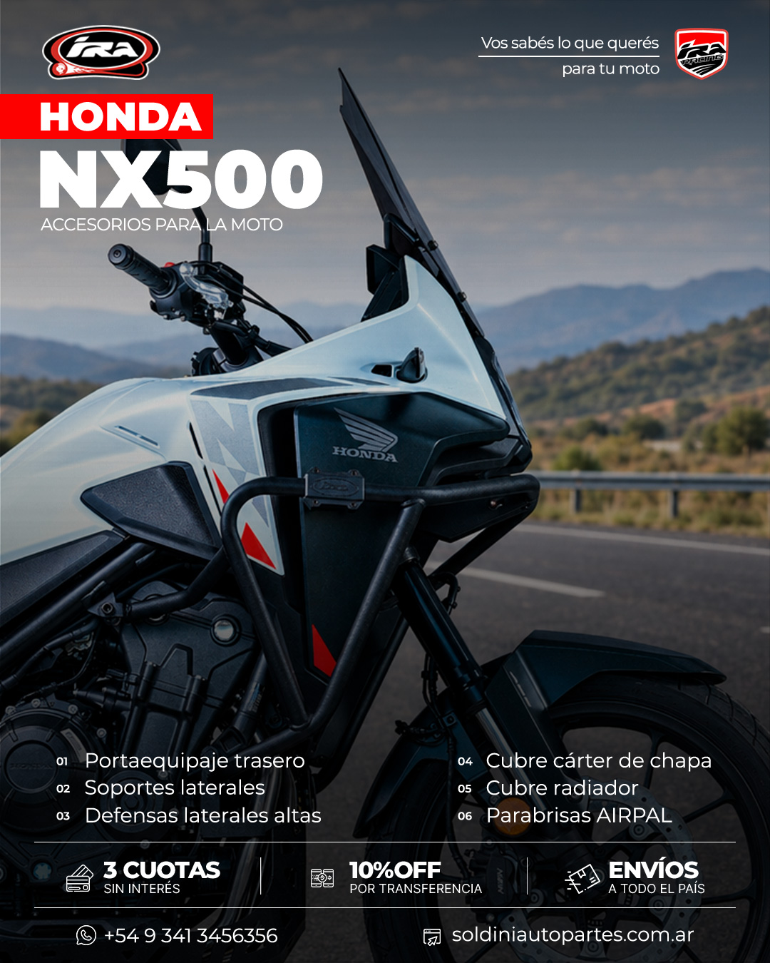 Detalle de las defensas laterales altas junto al carenado de la Honda NX500
