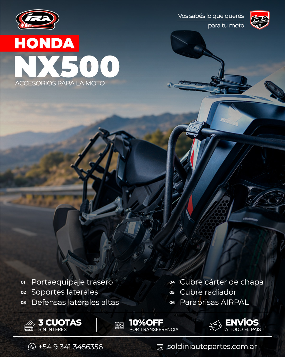 Honda NX500 equipada para viajar con accesorios IRA Racing