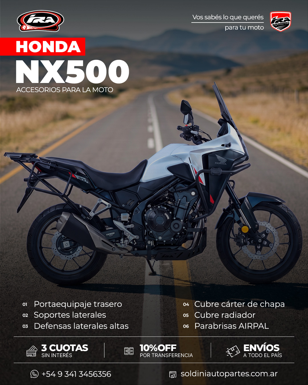 Vista lateral de la Honda NX500 con defensas, cubre cárter y soportes de equipaje