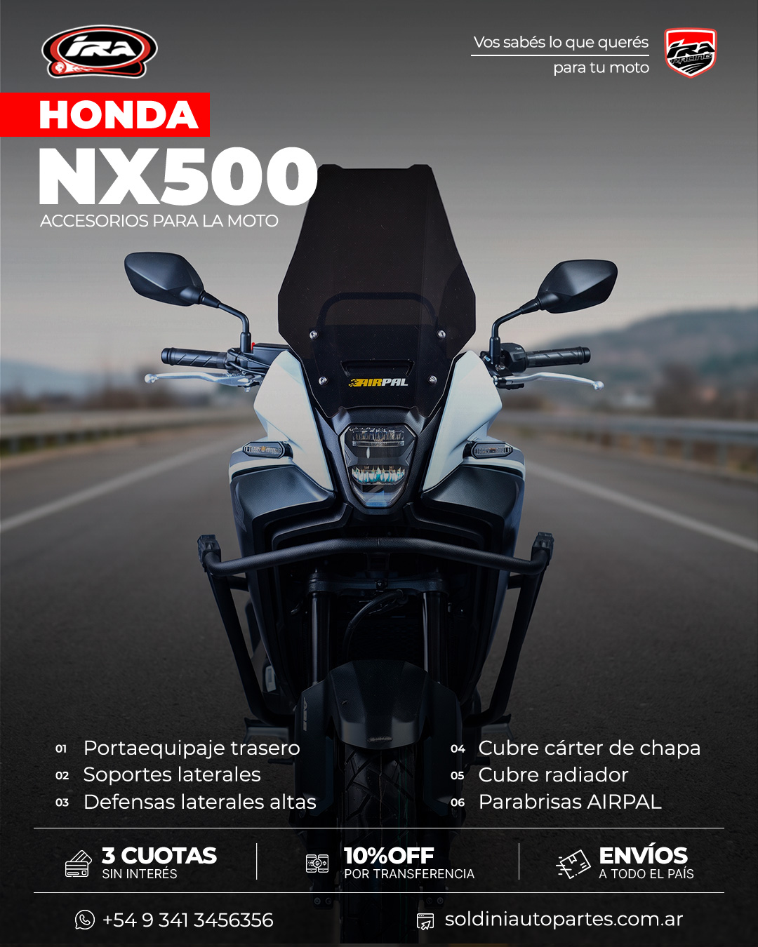 Honda NX500 vista de frente con parabrisas AIRPAL y defensas laterales altas