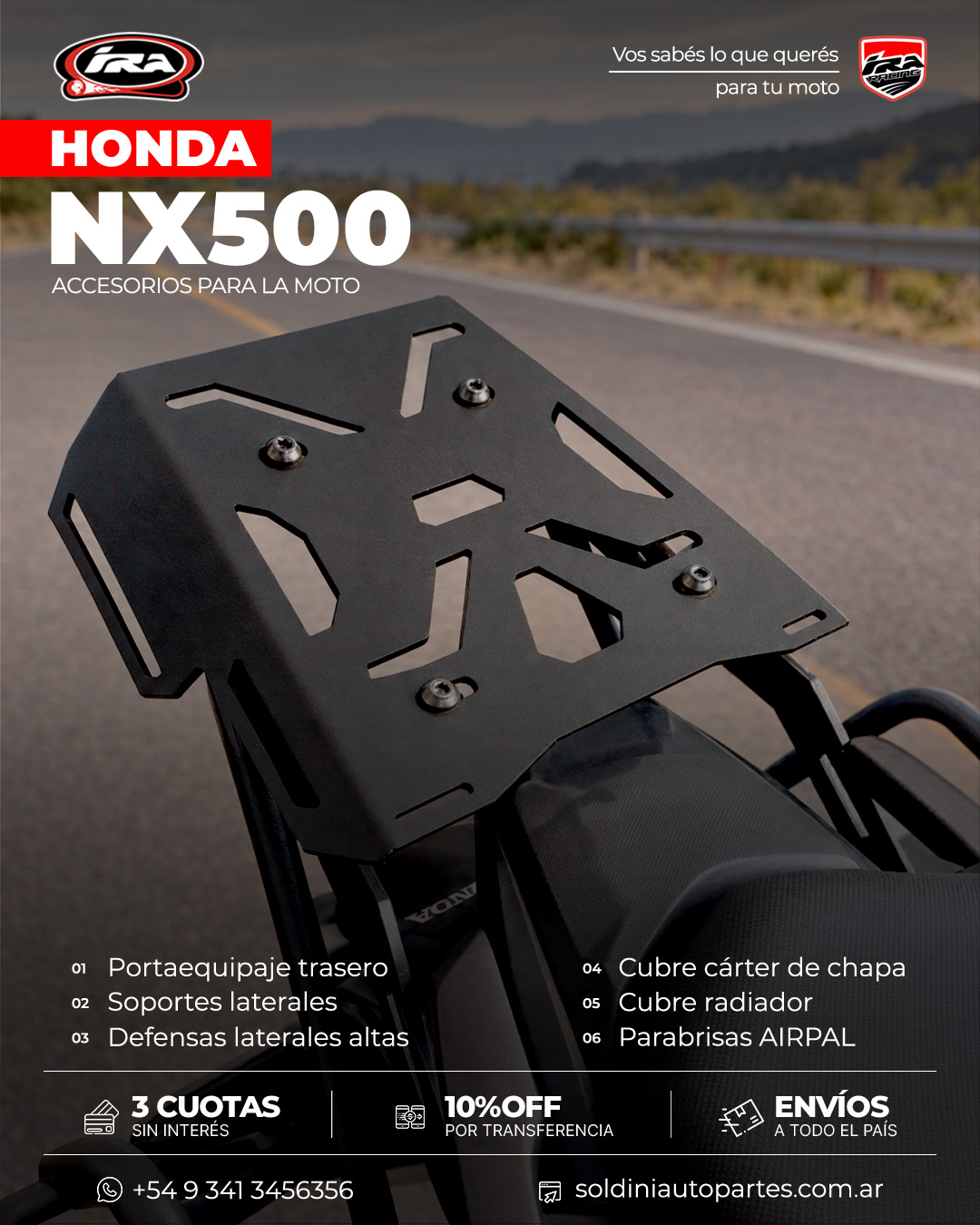 Detalle de la parrilla del portaequipaje trasero IRA Racing para Honda NX500