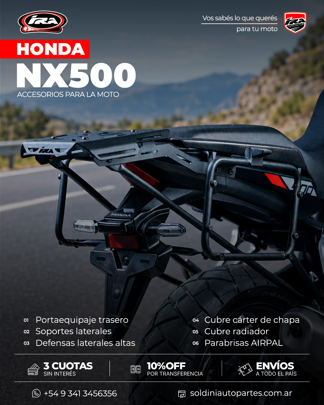 Vista trasera de la Honda NX500 con parrilla y soportes laterales IRA Racing