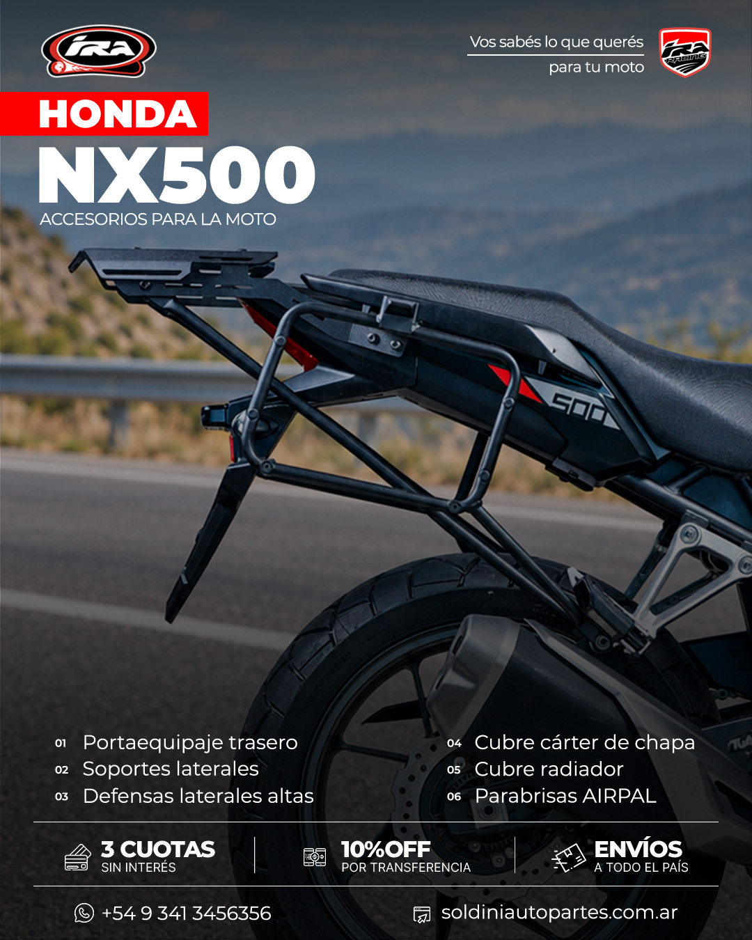 Soportes laterales y portaequipaje junto al asiento de la Honda NX500