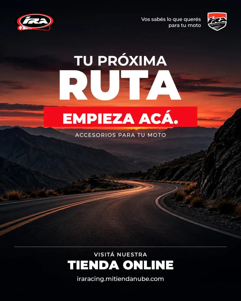 Campaña de accesorios para moto online de IRA Racing: una ruta de montaña al atardecer y el mensaje Tu próxima ruta empieza acá.