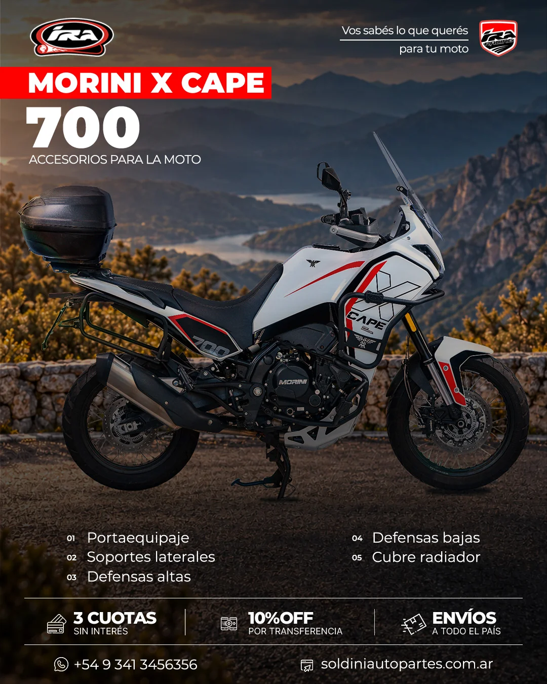 Accesorios IRA Racing para equipar la X-Cape 700 de Moto Morini para viajar