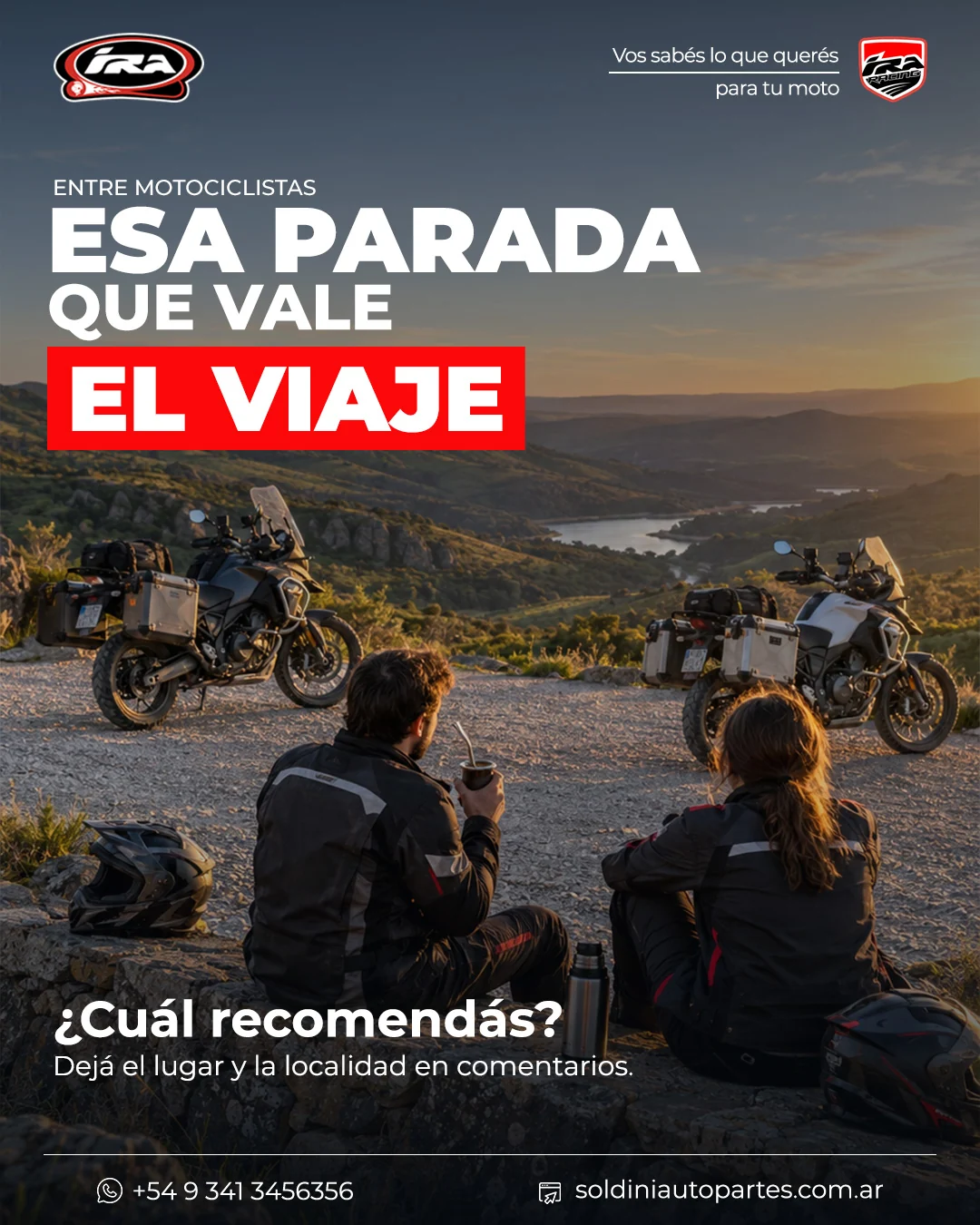 Paradas para viajar en moto: dos motociclistas comparten mates frente a un paisaje serrano, en la campaña de IRA Racing.