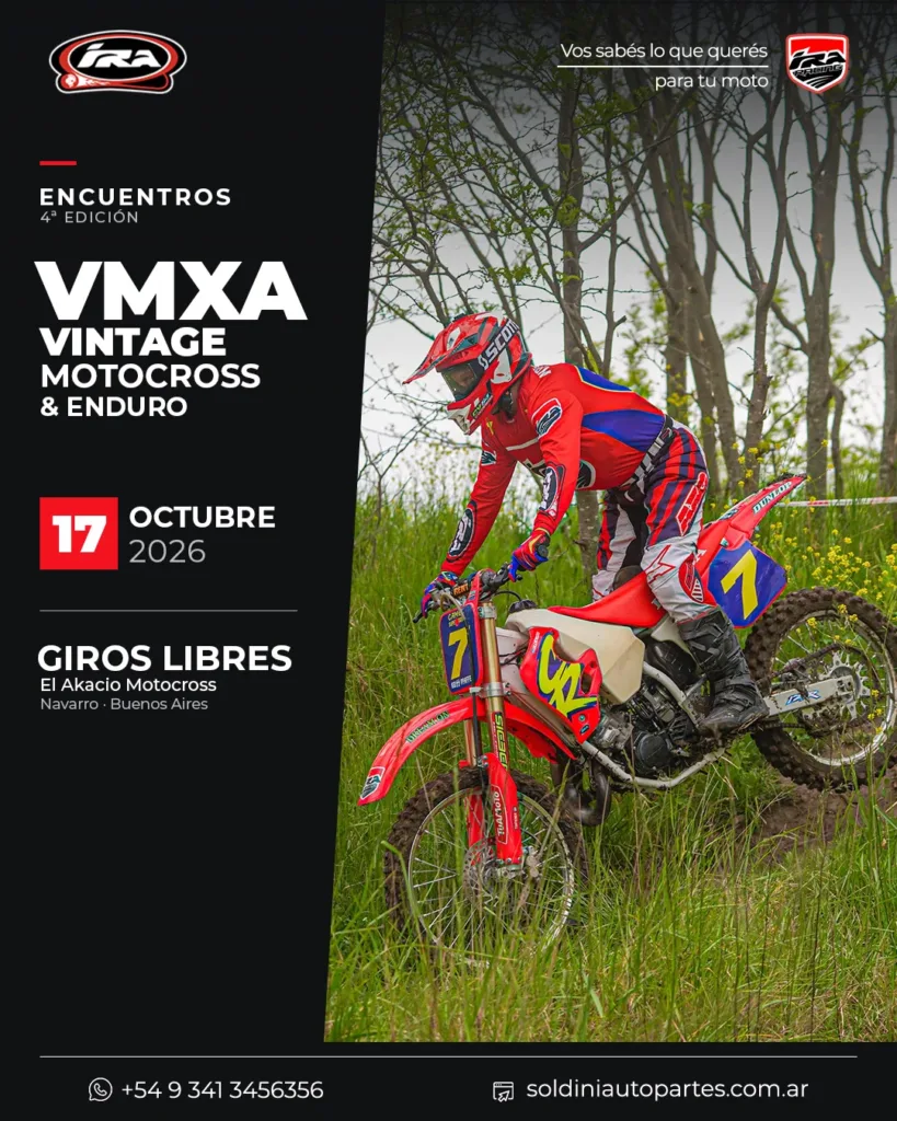 VMXA Navarro 2026: piloto con indumentaria IRA Racing sobre la moto número 7 en un sector de pasto.