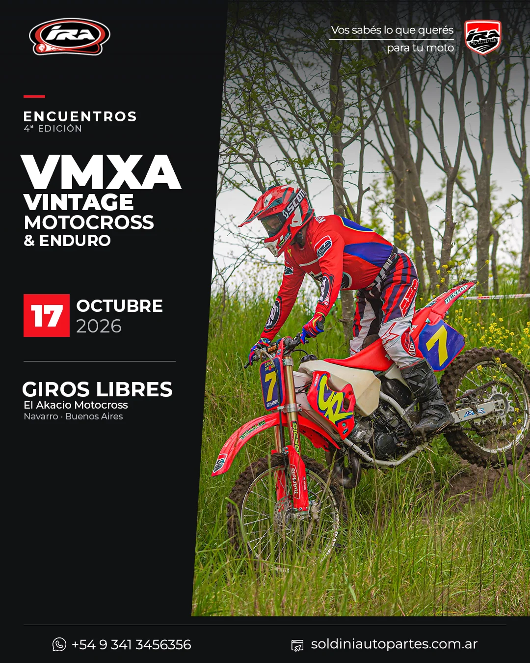 VMXA Navarro 2026: piloto con indumentaria IRA Racing sobre la moto número 7 en un sector de pasto.